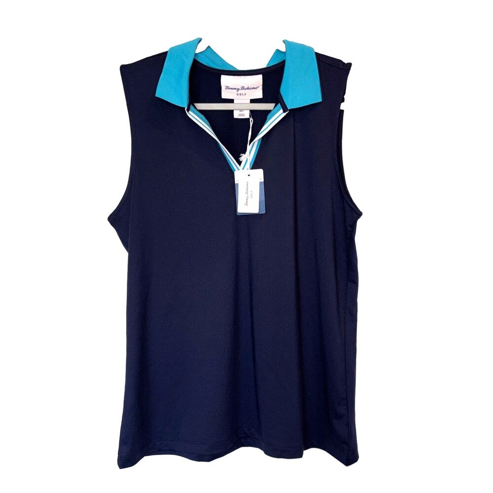 Tommy Bahama Women’s L 1/4 Zip Sleeveless Golf Polo Shirt Navy Aqua White NEW